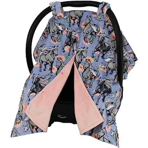 Dear Baby Gear Car Seat Cover for Boys & Girls - Baby Carseat Canopy w/Snap Opening - Infant Seat Cover - Stroller & Nursing Covers - Newborn Carrier Canopy - 40x30(Gray Horses Lavender Pink Floral)