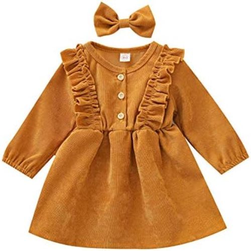 Karuedoo Kids Toddler Baby Girl Corduroy Ruffle Long Sleeve Dress Princess Party Dress Fall Winter Skirt Outfit