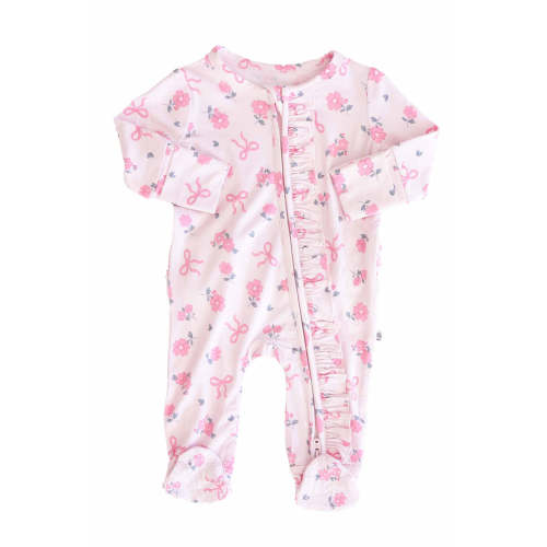 Ribbon & Roses Ruffle Zipper Footie in Pink | Caden Lane