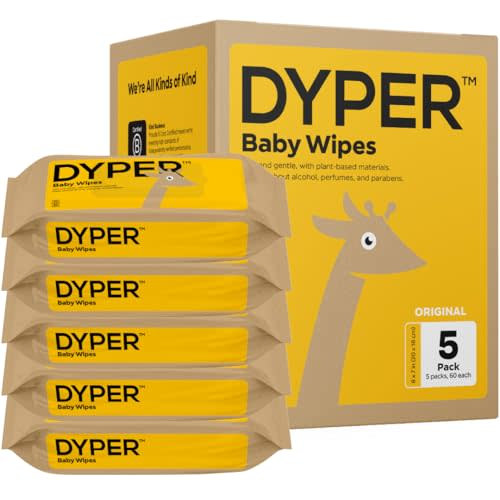 DYPER Baby Wet Wipes | 99.9% Water Unscented for Sensitive Newborn Skin | Hypoallergenic | Honest Ingredients | Made with Plant-Based* Materials | Face & Hand | Pack of 5