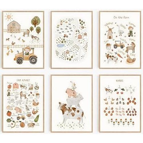 Laylwhq 6 Pcs Farm Nursery Wall Art Kids Room Canvas Wall Decor Simple Alphabet Cute Animals Pictures Prints Posters for Farmhouse Kids Room Girls Boys Home Decoration (8x10 inch，Set of 6，Unframed)