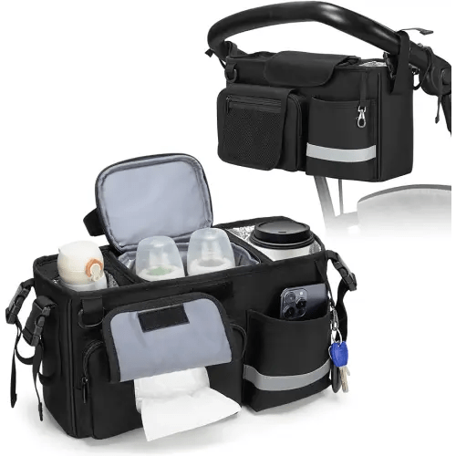 Parent Organizer Compatible with WONDERFOLD W&X, with 2 Insulated Cup Holders, A Removable Cooler Bag, Adjustable Buckle Strap Handle Attachment, Black