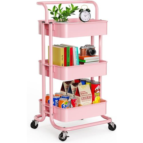 Pipishell 3 Tier Mesh Utility Cart, Rolling Metal Organization Cart with Handle and Lockable Wheels, Multifunctional Storage Shelves for Kitchen Living Room Office Pink