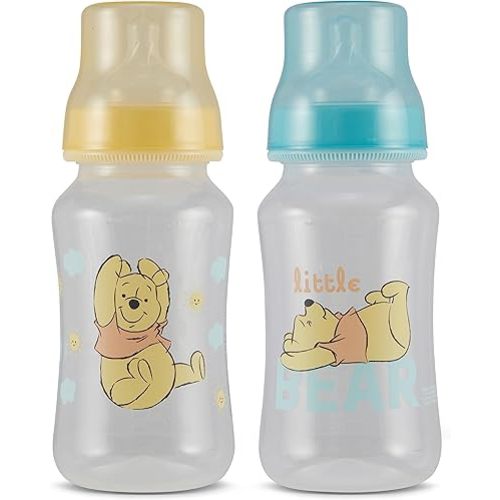 Disney Winnie The Pooh Baby Bottles 11 oz for Boys or Girls | 2 Pack of Infant Hourglass Shaped Bottles with Cover for Newborns and All Babies | BPA-Free Plastic Baby Bottle for Baby Shower