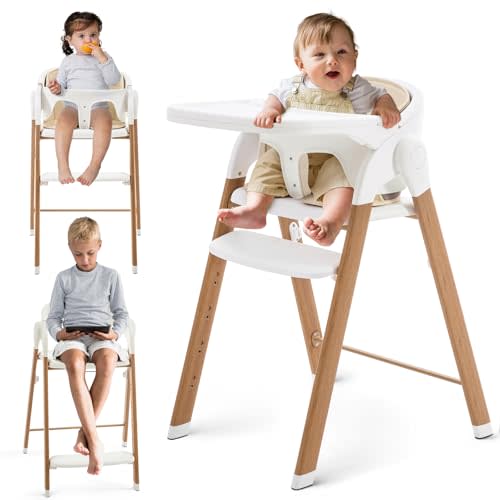 Baby High Chair Foldable, Adjustable High Chairs for Babies and Toddlers, Portable Highchair for Baby Chair with Removable Tray Dishwasher-Safe 6 Months up to 240 Lb.White
