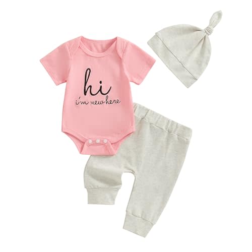 Ursobutegl Newborn Baby Boy Girl Clothes Im New Here Printed Romper Bodysuit Pants Set with Hat Coming Home Hospital Outfits