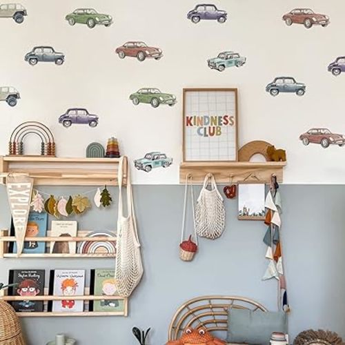 Boy Wall Decals Peel and Stick, Watercolor Multicolor Cars Wall Sticker for Baby Boys Room Kids Playroom Gender Neutral Room Nursery Wall Art Stickers Decor