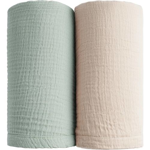 Konssy Muslin Swaddle Blankets for Boys Girls, 2 Pack Receiving Baby Blanket Large 47 x 47 inches, Soft Breathable Swaddling Wrap for Unisex Newborn (Green, Cream)