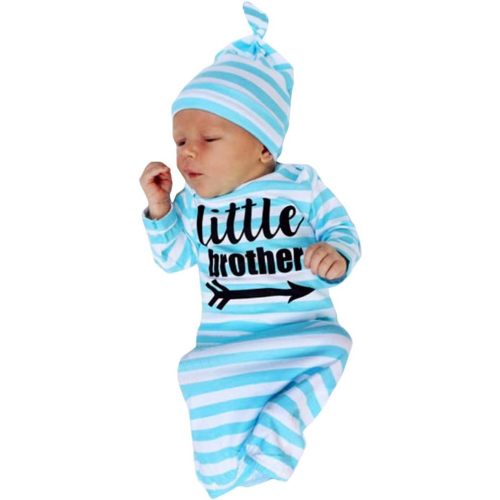 Newborn Baby Sleeper Gowns & Headband Little Sister Brother Printed Striped Baby Sleeping Bag (blue)