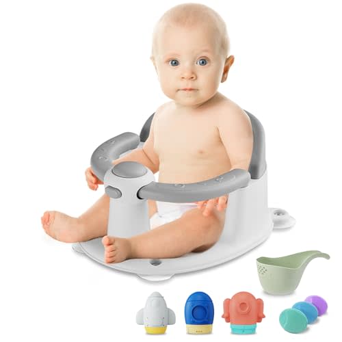 TOSGN Baby Bath Seat for Babies 6 Months & up, 3 Baby Bath Toys, Non-Slip Baby Bath Seat, Safe & Comfortable Baby Bath Support, for Bathtub/Living Room/Shower Room, Grey