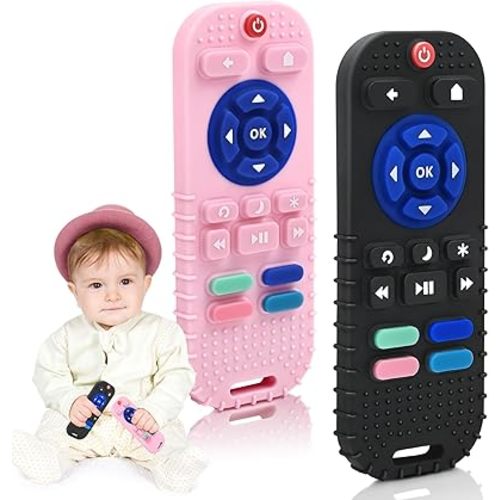 AiTuiTui Teething Relief Teethers Toys for Babies 3 6 9 12 Months Gifts, Silicone Sensory Remote Control Baby Teether Toy for Babies Newborn Infant Boy Girl Autism Toys, Pink & Black