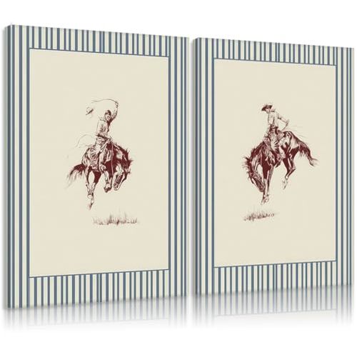 JBGGBJ 2Pcs Vintage Striped Cowboy Canvas Wall Art Rustic Country Western Wall Decor Pictures Blue Cowboy Rodeo Poster Retro Horse Painting Print Artwork for Living Room Bedroom Boys Room Decoration
