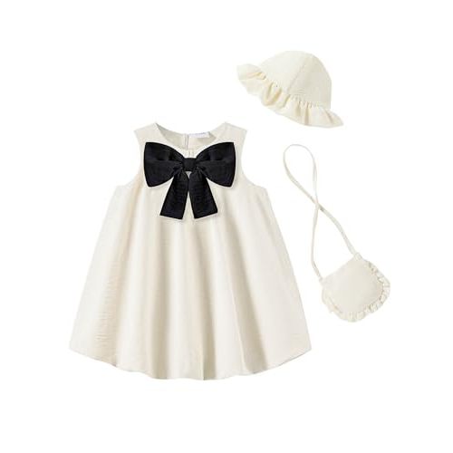 SODLON Baby Girl Dress Summer Clothes Bow Bubble Dresses Infant 3-Piece Outfits Toddler Girls Linen Sleeveless Sundress 3M-3T