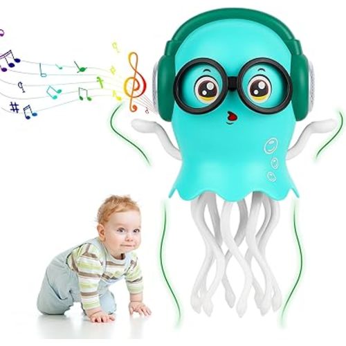 Dancing Jellyfish Babies Toy Music Crawling Octopus 6-12 Months Tummy Time Toys Magic Glowing Squid 1st Birthday Gifts for Toddlers 1 2 3 4 5 6 Year Old Kids Funny Gift for Baby Girl Boy Age 1-3