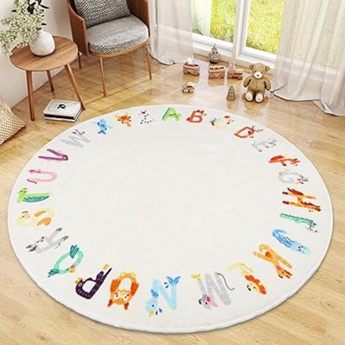 Round ABC Kids Rug,5.2 ft Animal Alphabet Playroom Rug,Washable Non-Slip Cute Nursery Rug for Kids Room,Educational Kids Play Rug Classroom Carpet for Playroom Kids Room Bedroom Decor