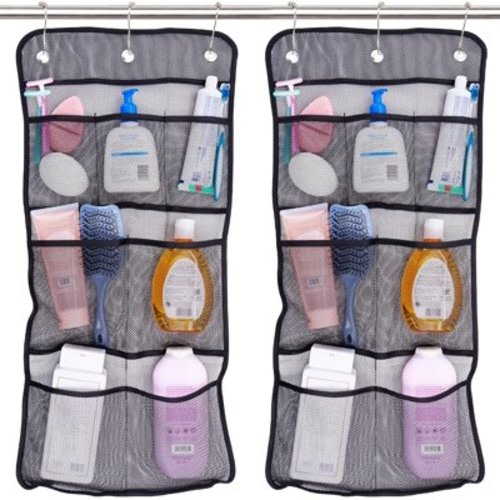 Shower Organizer, Shower Caddy or Bathroom Organizer with Quick Drying Mesh, 7 Pockets to Hold Shampoo, Soap, Loofah, and Cruise Ship Essentials, 14 Inch by 30 Inch, White, 2 Pack
