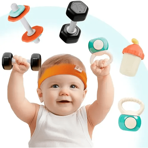 iPlay, iLearn Baby First Gym Rattle Set, Infant Dumbbell Weights Teething Rattles 3-6-12 Month, Newborn Workout Sensory Stroller Toy, Babies Birthday Shower Gift 5 7 8 9 10 Month Toddler Boy Girl-4PCS
