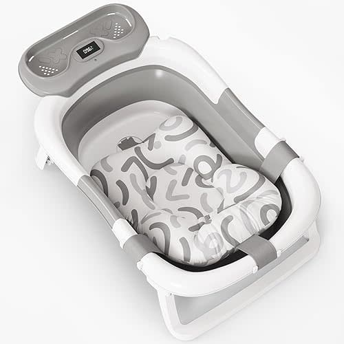 Baby Bathtub, Collapsible Bath Tub for Newborns to Toddlers with Water Temperature Sensor and Storage Tray, 2025 Upgraded Version (Gray)