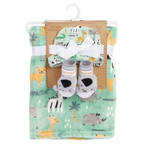Wholesale Plush Baby Blanket with Hat and Booties - Green Jungle Animals