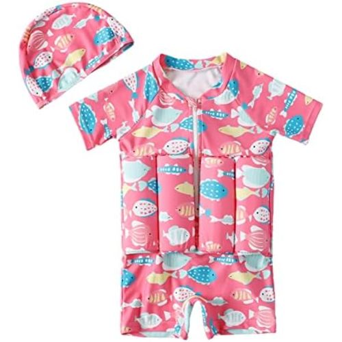 Kids Floatation Swimsuits Baby Boys Girls One Piece Float Suit Short Sleeve Swim Vest Zip up Buoyancy Swimwear +Cap