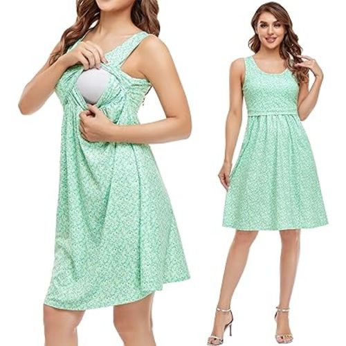 GLAMIX Women's Nursing Dress Summer Casual Sleeveless Breastfeeding Tank Dresses with Pockets