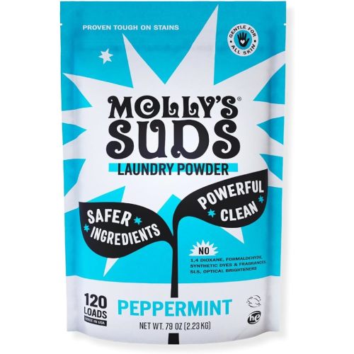 Molly's Suds Original Laundry Detergent Powder | Clean Laundry Detergent Powder for Sensitive Skin | Simple, Effective Ingredients, Stain Fighting | 120 Load (Peppermint)