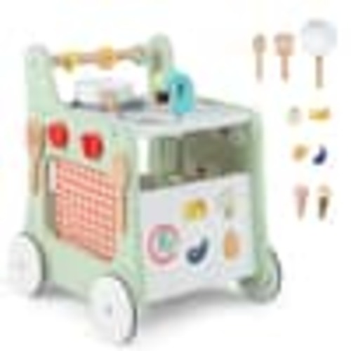 Costway 6-in-1 Baby Push Walker Wooden Strollers Learning Activity Center Toy with Kitchen in Green and White GHM0737