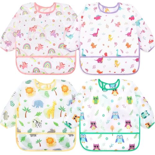 Accmor 4 Pack Long Sleeve Baby Bibs, Waterproof Sleeved Bib, Toddler Soft Bib for 6-36 Months