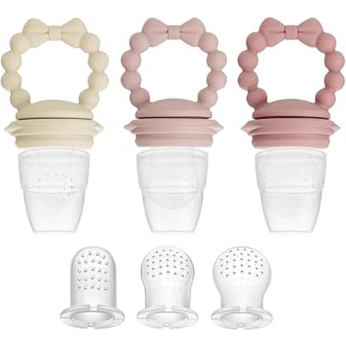 PandaEar 3 Pack Baby Fruit Food Feeder Pacifier with 3 Different Size Silicone Pouch, Silicone Teethers for Babies 3-6-12 Months, BPA Free Mesh Feeder, Baby Solid Food Essentials