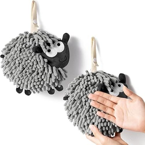 R HORSE Animals Fluff Ball Hand Towel 2Pcs Grey Sheep Fuzzy Ball Hand Towel Set, Chenille Ball Towel for Bathroom, Soft Thick Hand Hanging Towel with Hanging Loop Decoration for Kitchen Bathroom