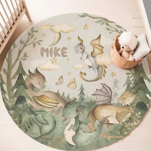 Little Dragon Nursery Rug Baby Dino Carpet Custom Name Nursery Mat Baby Boys Room Decor Kids Playroom Mat Baby Shower Gift Back To School