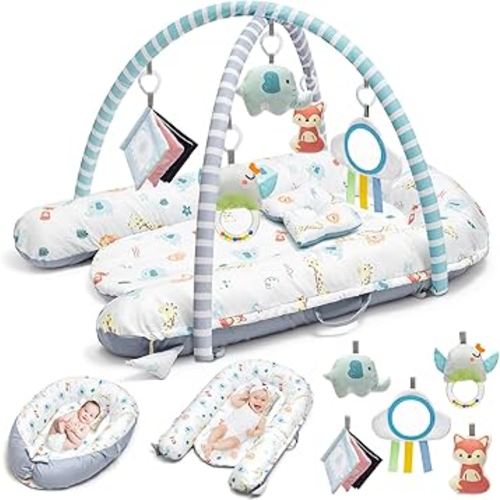 Baby Gym Play Mat, Baby Lounger, 7-in-1 Tummy Time Activity Mat, Washable Newborn Nest, Portable Infant Floor Seat for Home & Travel, Baby Essentials Gift, Develops Visual & Hearing & Sensory & Motor