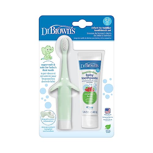 Dr. Brown's Infant-to-Toddler Training Toothbrush Set, Mint Elephant with Fluoride-Free Strawberry Baby Toothpaste, 0-3 Years (Styles May Vary)
