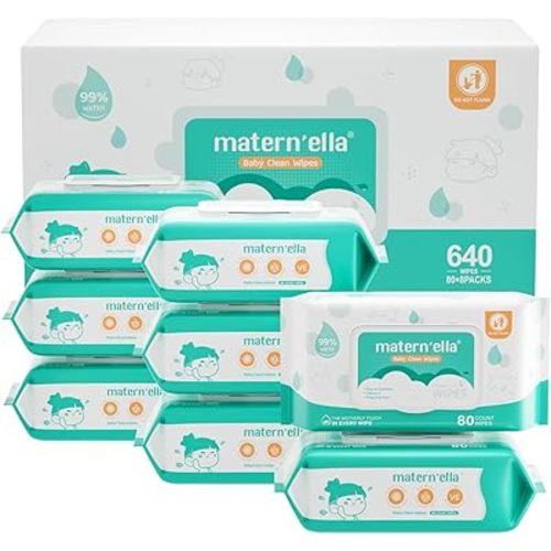 MATERN'ELLA Baby Wipes, Diaper Wipes for Sensitive Skin, Wet Wipes with 99% Water Based, Hypoallergenic, Safe and Gentle, 8 Flip-Top Packs (640 Wipes Total)