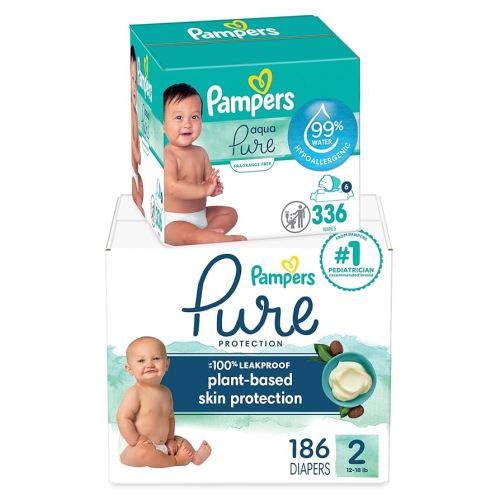 Pampers Pure Protection Disposable Baby Diapers Size 2, 186 Count with Aqua Pure Baby Wipes, 6X Pop-Top Packs (336 Count)