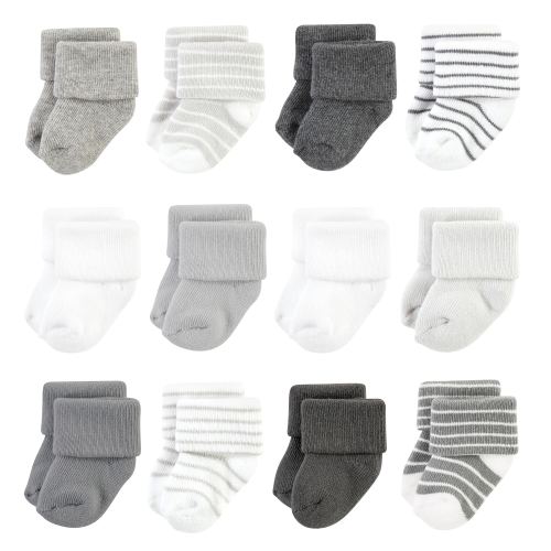 Hudson Baby Infant Boy Cotton Rich Newborn and Terry Socks, Gray Stripe 12 Pack