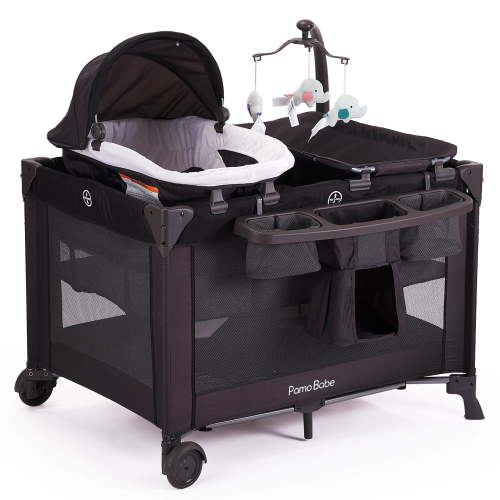Pamo Babe Unisex Nursery Center Baby Playard with Bassinet & Changing Table, Black