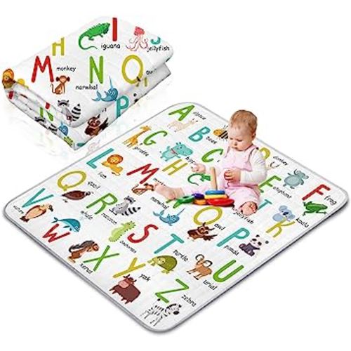 Boho Portable Baby Play Mat, 43 x 43 Inch Washable Foldable Crawling Mat, Non Slip Playmat for Babies, Kids Play Mats Pad for Floor Playpen Toddler Infants Tummy Time Activity (Letter Theme)