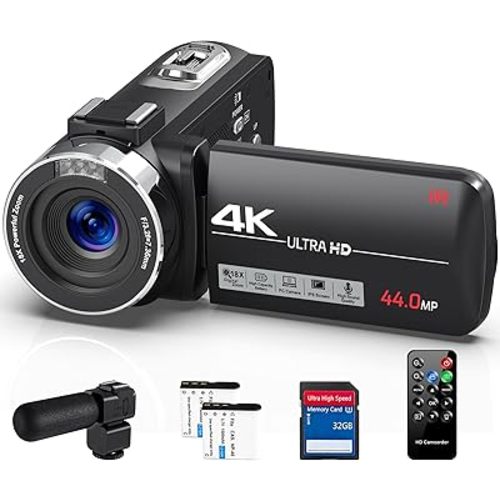 4K Video Camera Camcorder Ultra 44MP Vlogging Camera for YouTube 18X Digital Zoom Camcorder 3.0" IPS Screen IR Night Vision with External Mic, Controller, 2 Batteries and 32G SD Card