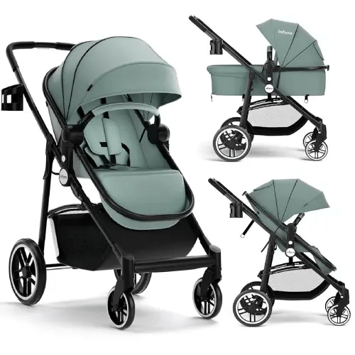 INFANS 2 in 1 Baby Stroller, High Landscape Infant Stroller & Reversible Bassinet Pram, Foldable Pushchair with Adjustable Canopy, Cup Holder, Storage Basket, Suspension Wheels (Green)