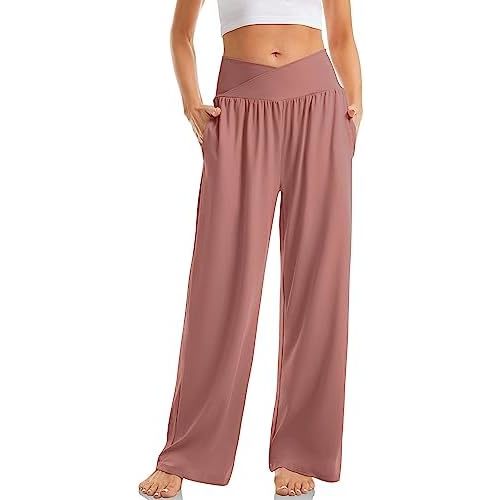 TARSE Women's Wide Leg Casual Loose Pants Yoga Sweatpants Comfy Crossover High Waisted Lounge Pajama Flowy Pants with Pockets