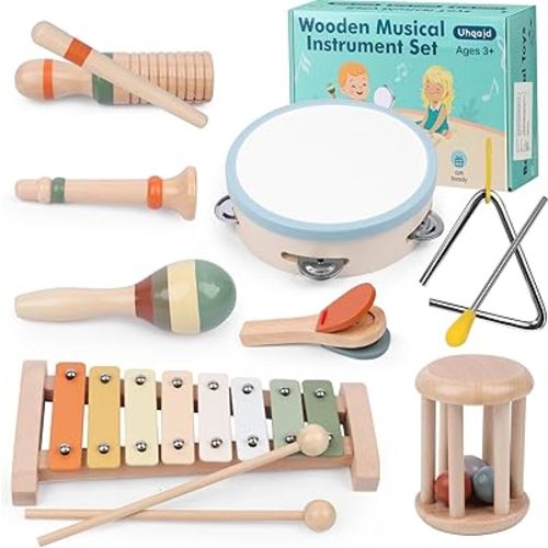 Baby Musical Instruments Set, Montessori Wooden Toys for Toddlers 3+, Neutral Colors Percussion Instruments with Xylophone, Maracas & Tambourine for Kids Preschool Educational and Birthday Gifts