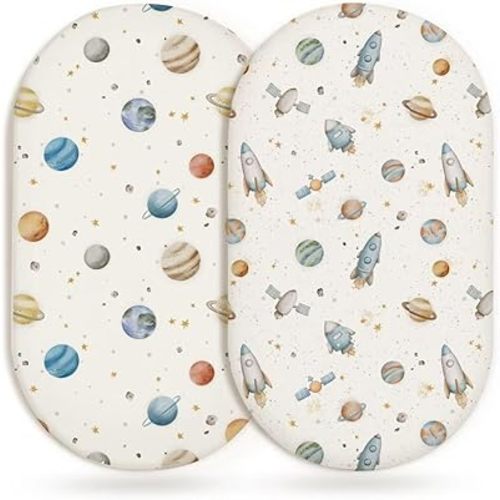 Bassinet Sheets for Baby Girls Boys 2 Pack, Fitted Baby Mattress Sheet for Rectangle, Oval, Hourglass Bassinet Mattress, Breathable Cozy & Universal Fit (Stellar Adventure)