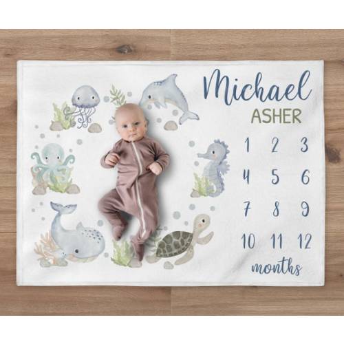 Baby Boy Ocean Milestone Blanket, Under the Sea Baby Name Blanket, Personalized Underwater Turtle Whale Fish Blanket, Sea Baby Shower Gift - Etsy