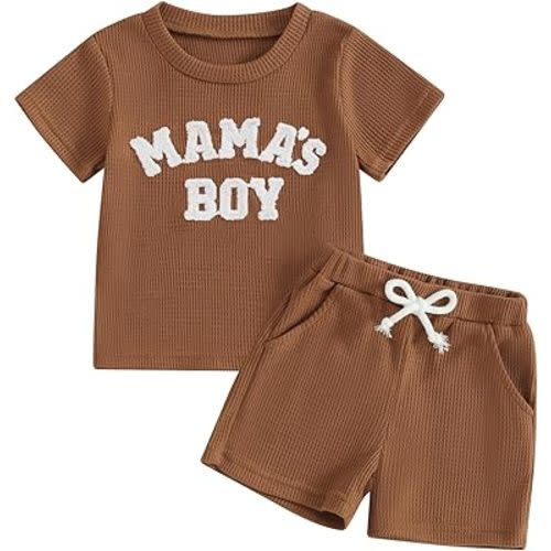 Kupretty Toddler Baby Boy Summer Clothes Embroiderey Waffle Knit Short Sleeve T-Shirt Tees + Casual Shorts Cute Clothing Set