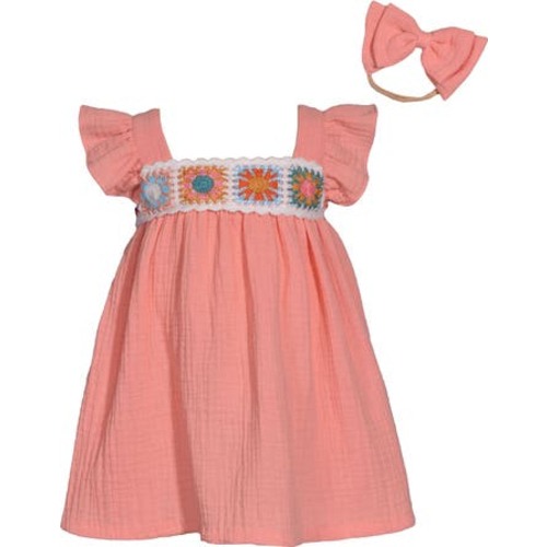 Crochet Trim Dress & Headband Set