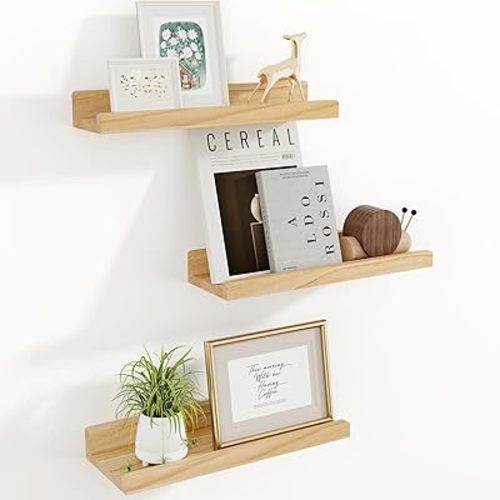 Floating Shelves for Wall, 16 inch Solid Wood Picture Ledge Shelf for Wall Storage, Nursery Book Shelves with Lip for Living Room Bathroom Bedroom Kitchen, Set of 3, Natural