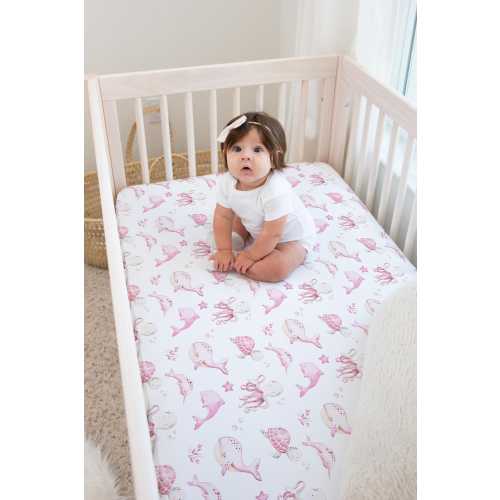 Pink Ocean Animals Crib Sheet - Baby Girl Ocean Nursery Bedding - Under the Sea Baby Shower Gift- Octopus, Sea Turtle, Dolphin, Whale 317