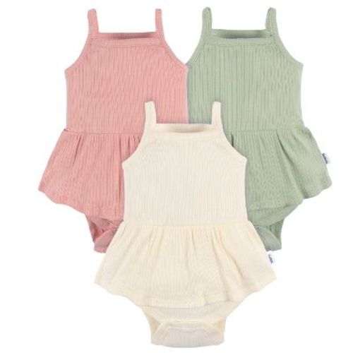 Gerber Baby Girls' 3-pack Sleeveless Skirted Onesies Bodysuits, Antique White, 6-9m