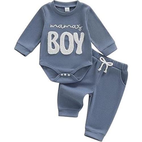 Newborn Baby Boy Fall Outfit Romper Long Sleeve Mama Boy Embroidery Onesie Jumpsuit Bodysuit Pants Infant Waffle Clothes